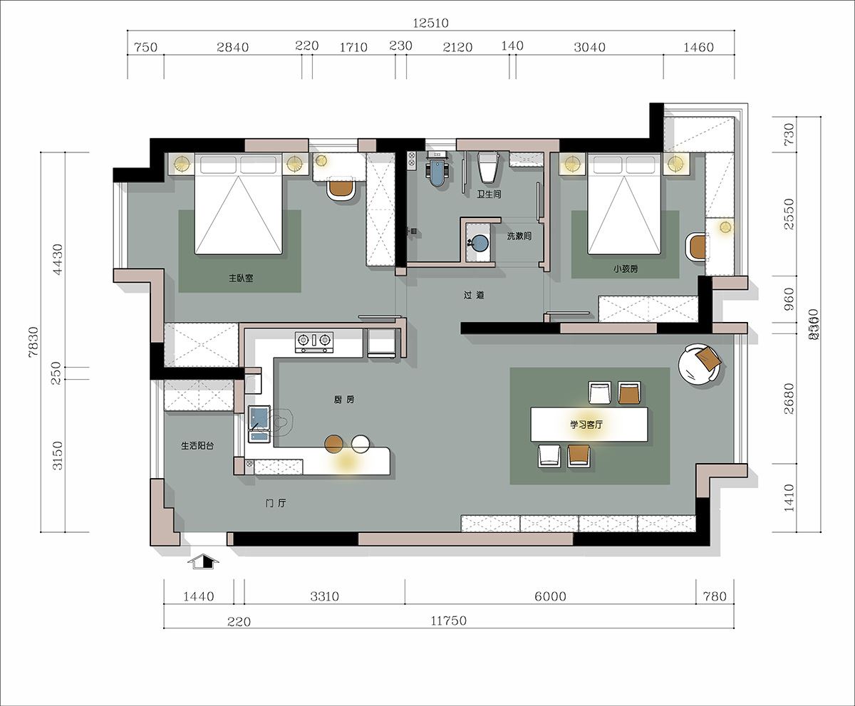 豐和園 105㎡雅致現代二居室 裝修案例效果圖-平面圖