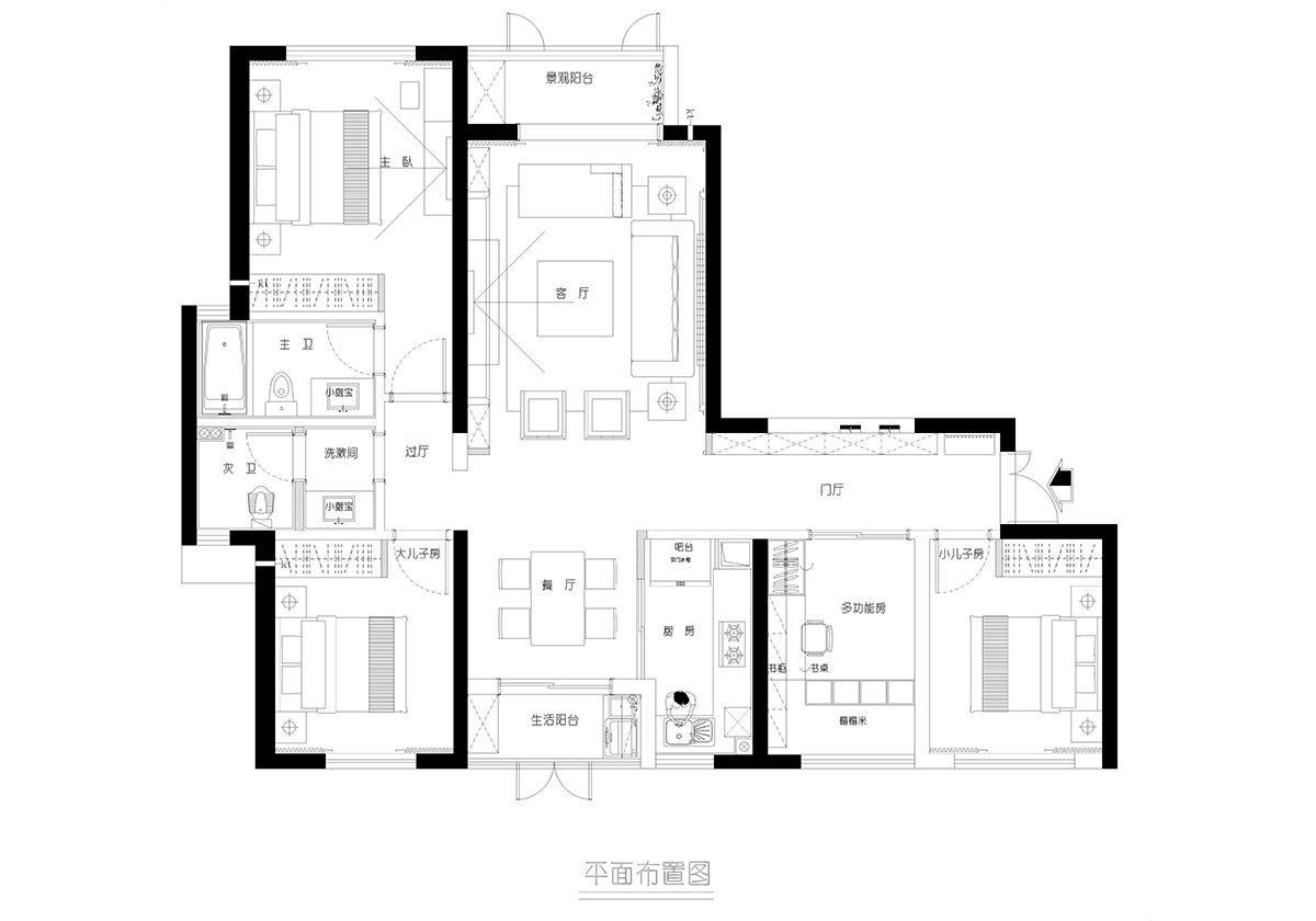 北辰三角洲130㎡新裝飾主義四居室 裝修案例實景圖-02平面布置圖