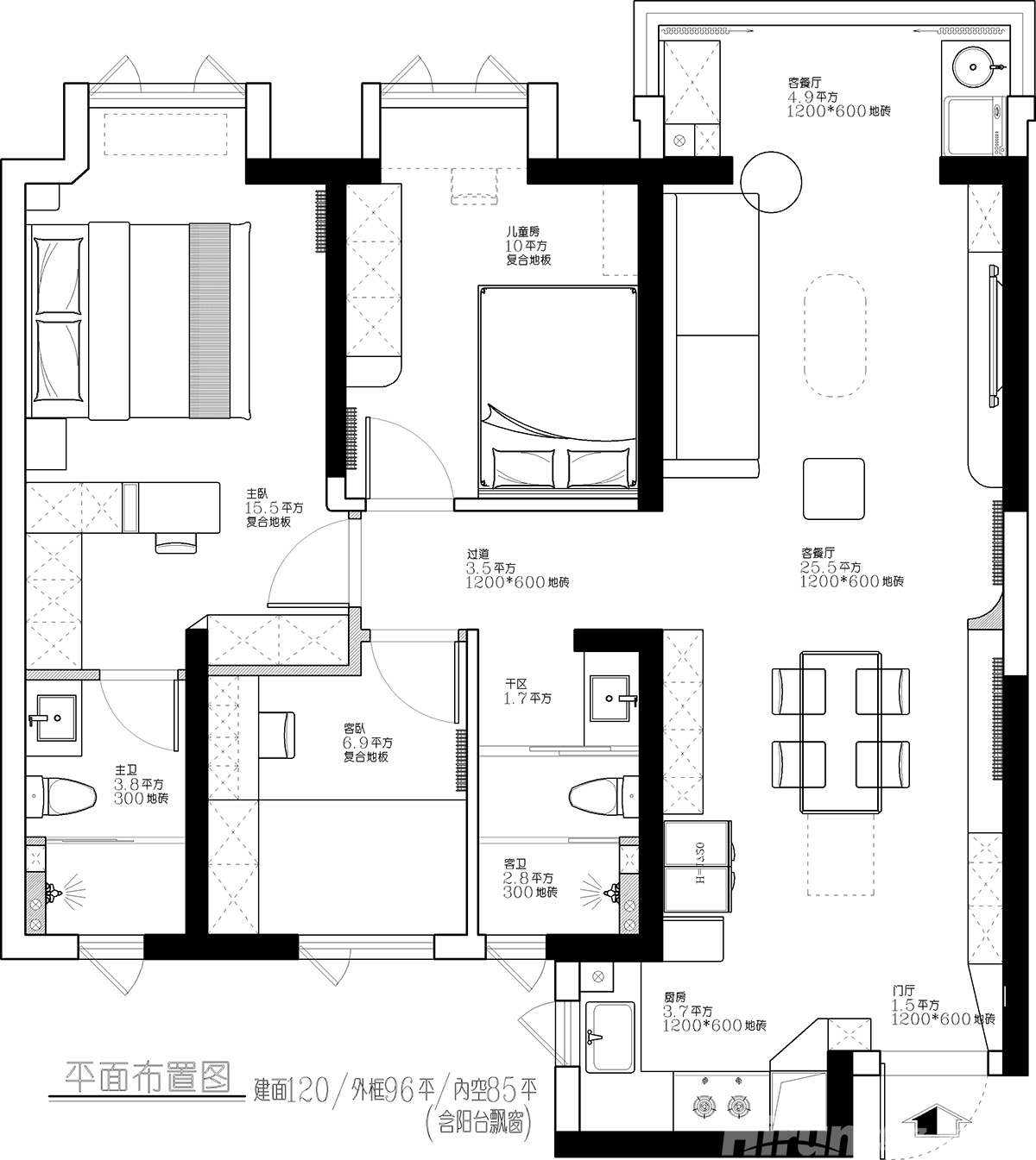 琨御府120㎡北歐之光三居室 裝修案例效果圖-1
