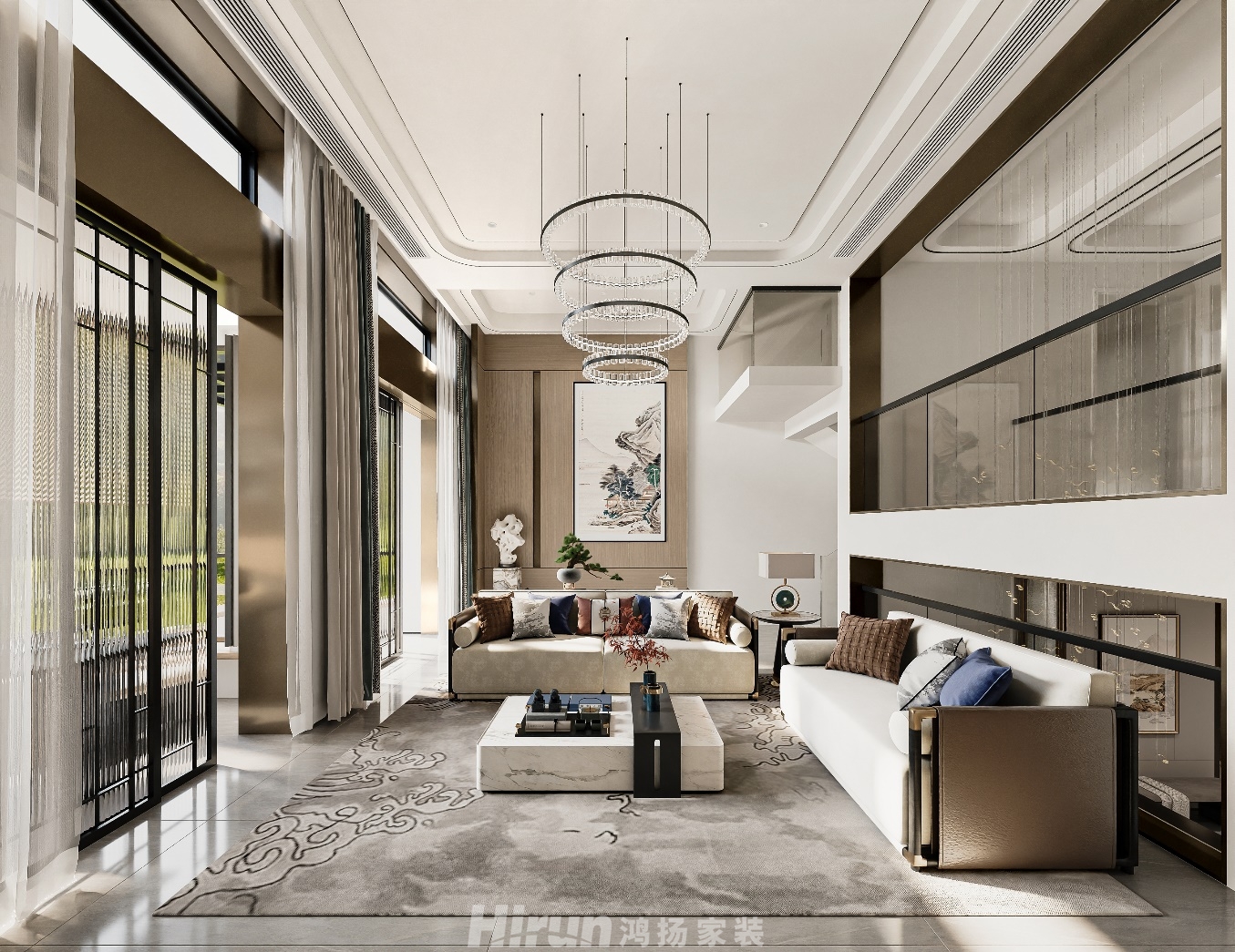 山水南雅458㎡意境東方別墅 裝修案例效果圖-1